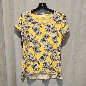 Peace Love World Yellow Blue Floral Short Flutter Sleeve Tee